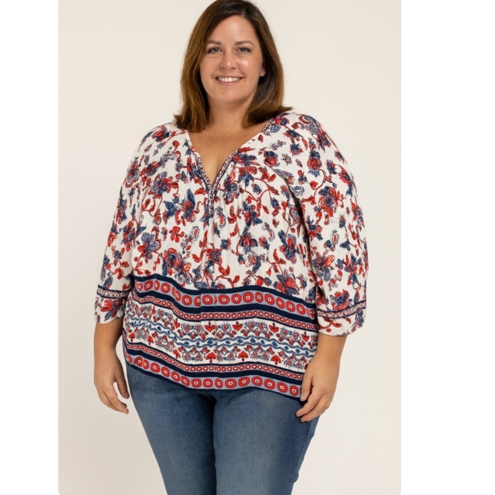Bila Floral Pullover Rayon Flowy Gauze Crinkle Embroidered V-neck Blouse Size XL